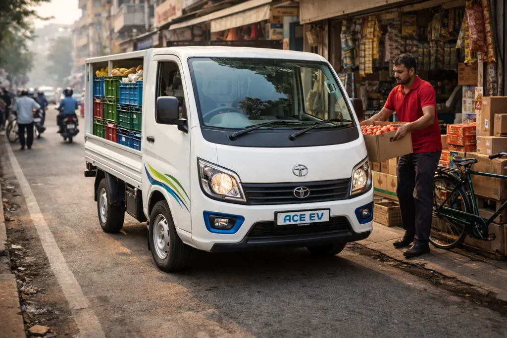 Electric delivery on bustling city street