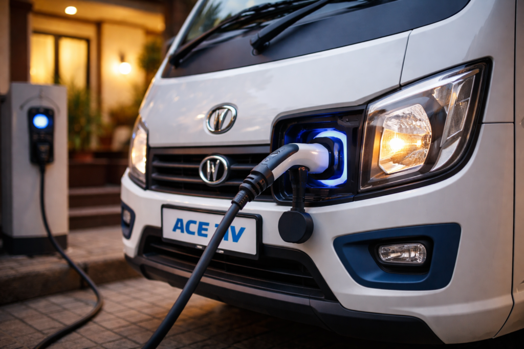 Tata Ace EV charging at dusk 1