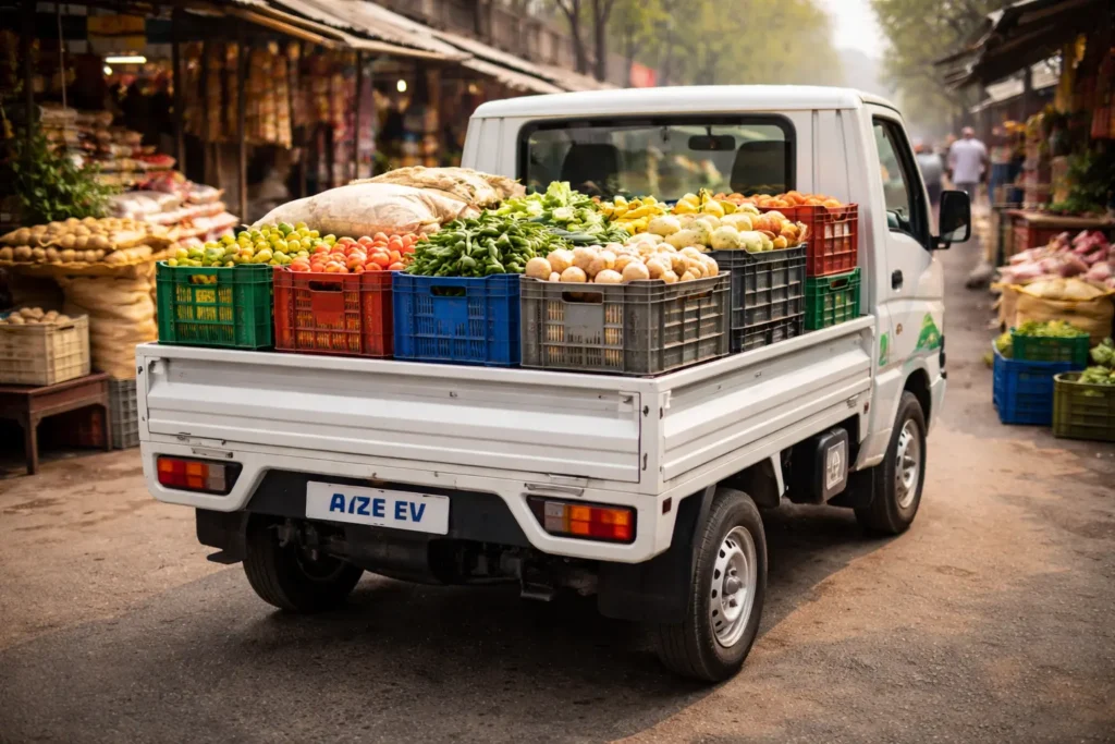 Tata Ace EV loaded with fresh produce