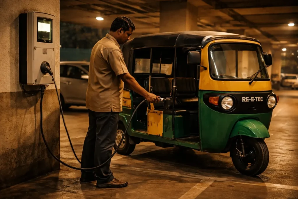 Charging his auto rickshaw at night